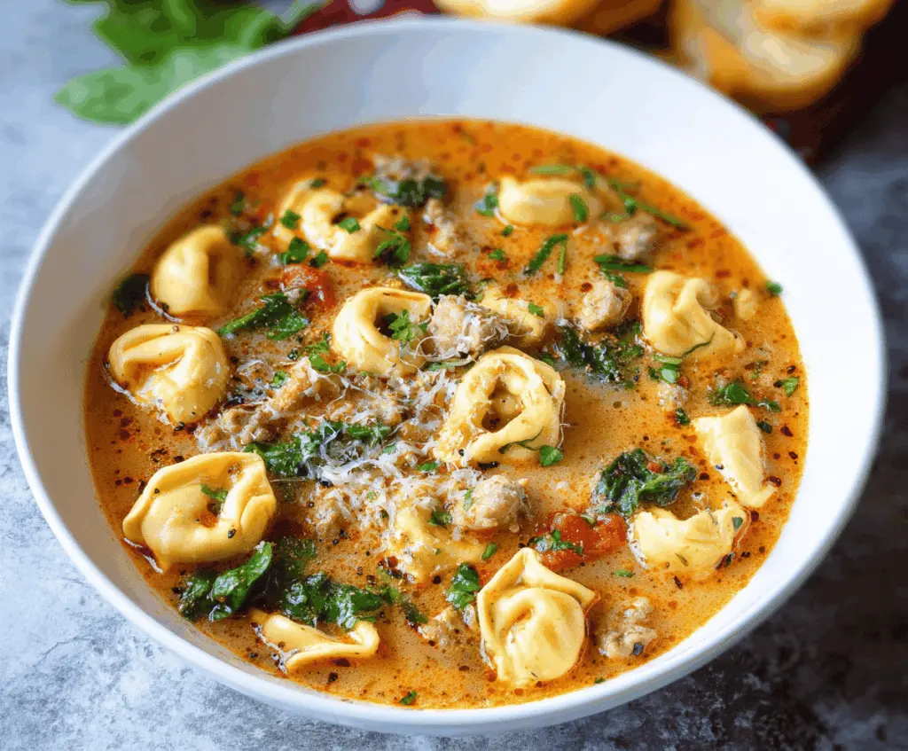 Creamy tortellini soup with fresh basil, spinach, and grated Parmesan cheese in a white bowl, served steaming hot.