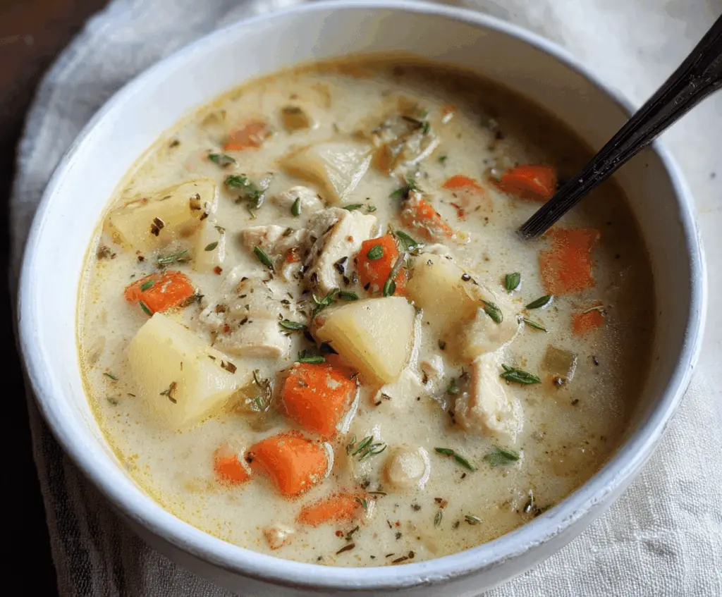 Creamy Turkey Potato Soup in a bowl topped with fresh herbs, featuring chunks of turkey, tender potatoes, and a hearty, comforting broth.