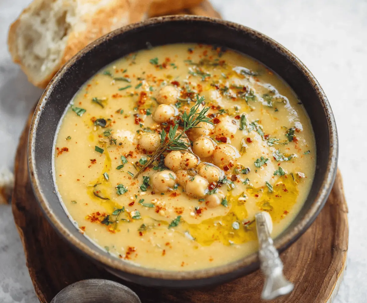 Vegan garlic chickpea soup in a bowl garnished with fresh herbs, served with crusty bread on a rustic wooden table