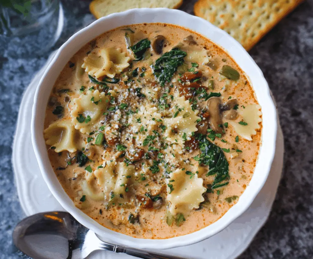 Creamy vegetarian lasagna soup in a bowl with melted cheese, fresh basil, and pasta, served steaming hot.