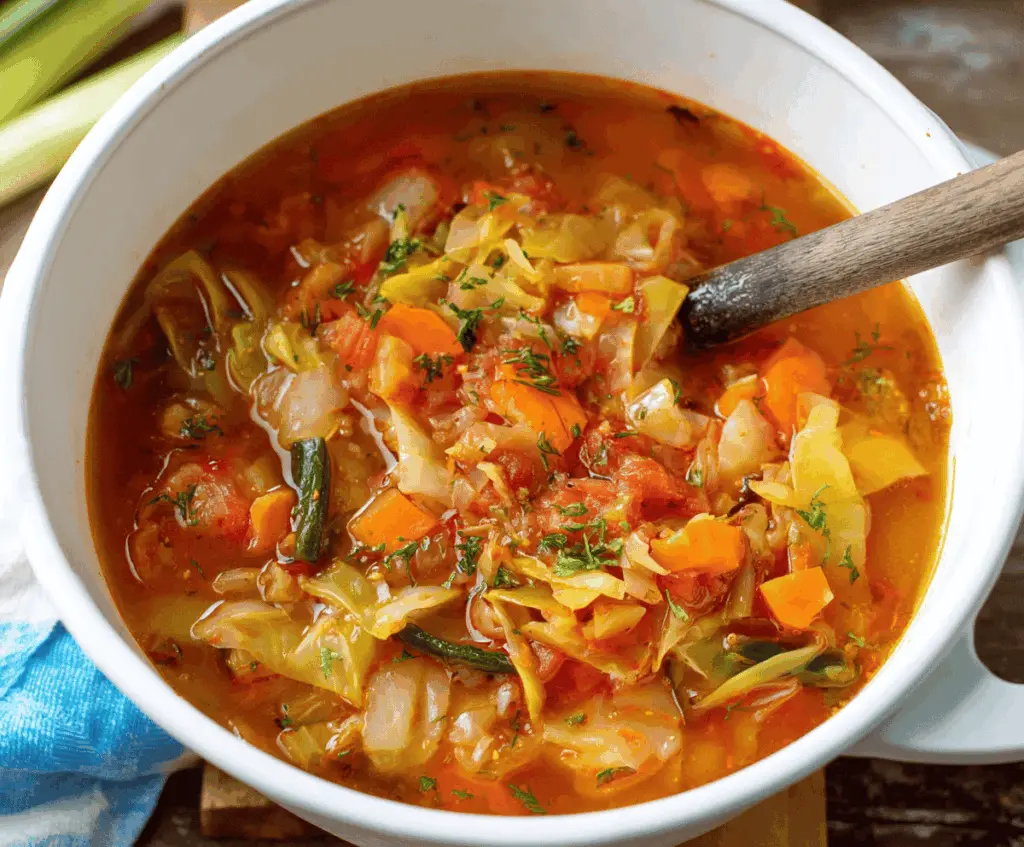 Delicious homemade Weight Watchers Cabbage Soup in a bowl with fresh vegetables, perfect for healthy weight loss meals