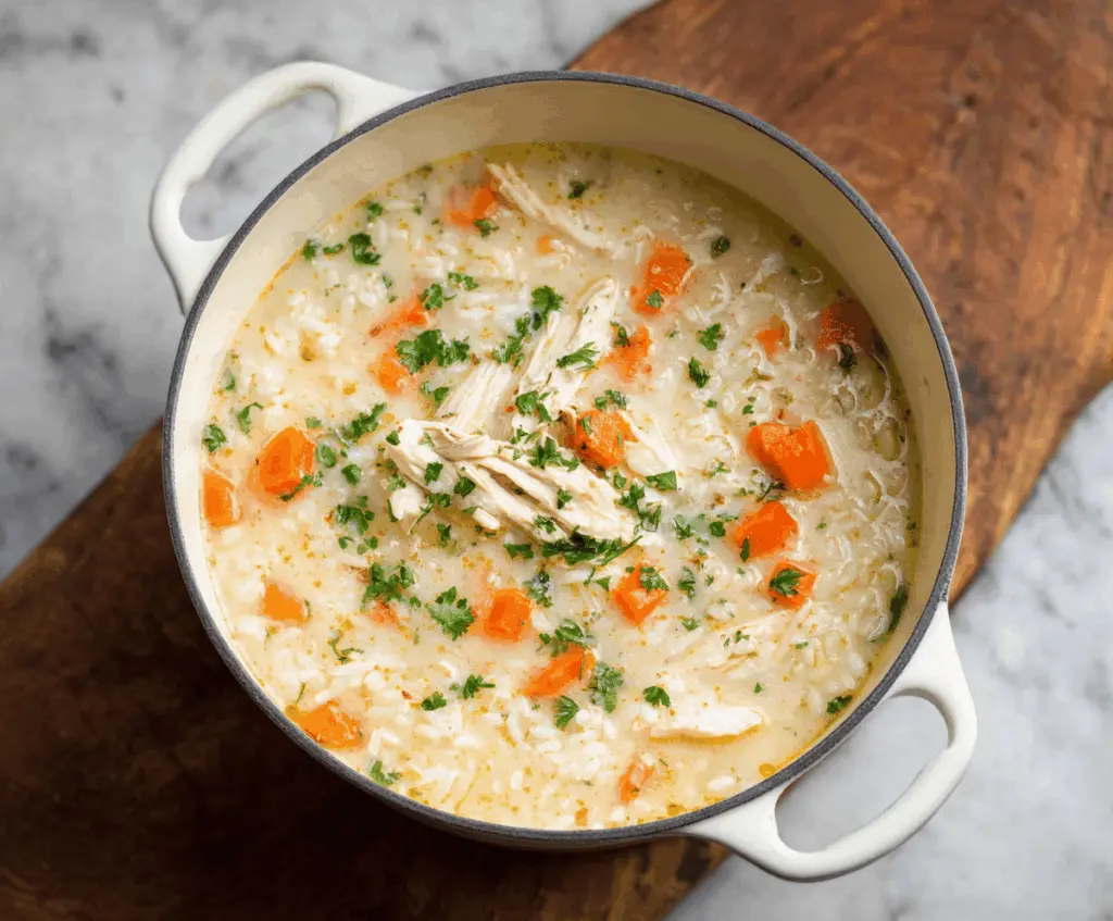 A bowl of comforting white chicken rice soup garnished with fresh herbs, showcasing tender chicken, fluffy rice, and creamy broth in a cozy setting.