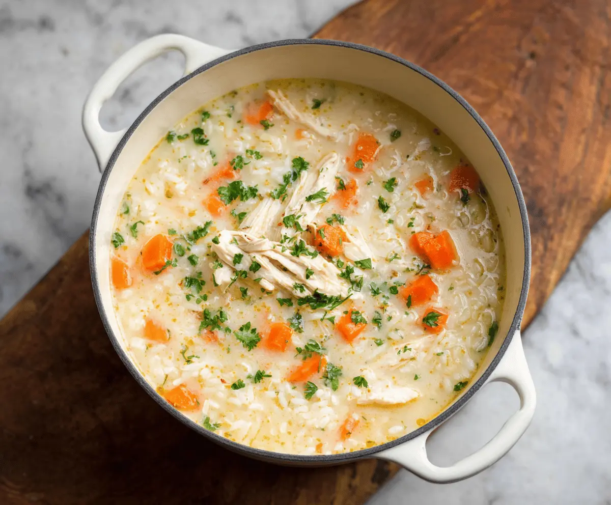 A bowl of comforting white chicken rice soup garnished with fresh herbs, showcasing tender chicken, fluffy rice, and creamy broth in a cozy setting.