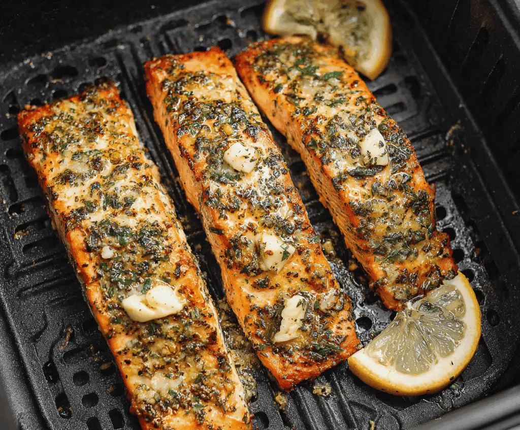 Delicious Air Fryer Garlic Butter Salmon served on a plate with lemon and herbs