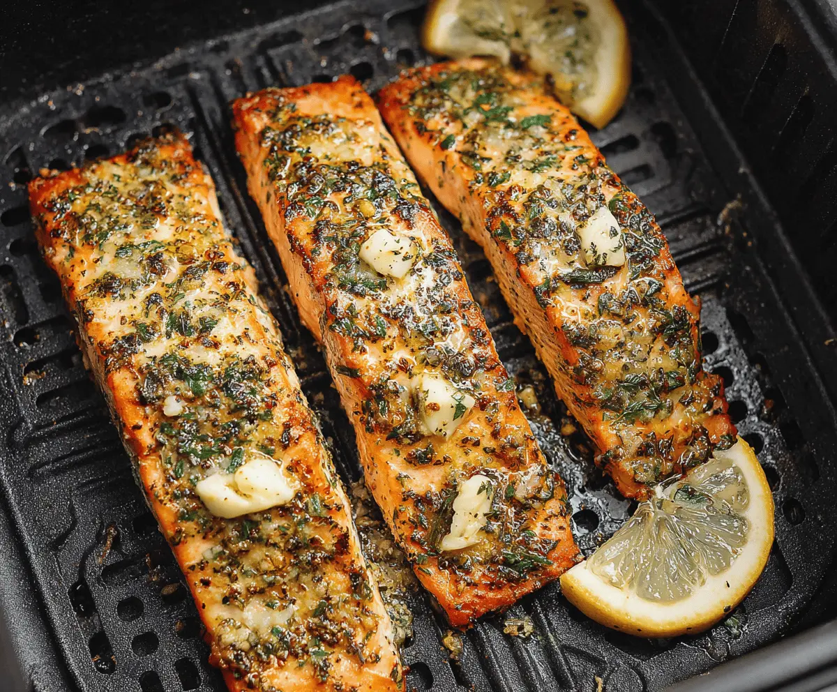 Delicious Air Fryer Garlic Butter Salmon served on a plate with lemon and herbs