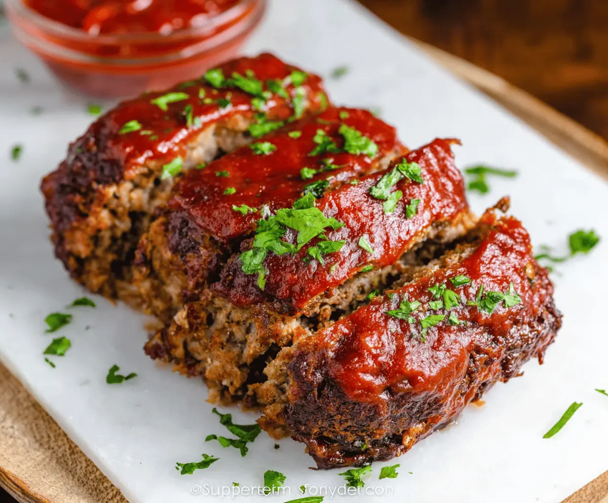 Delicious homemade air fryer meatloaf garnished with fresh herbs on a white plate, ready to serve