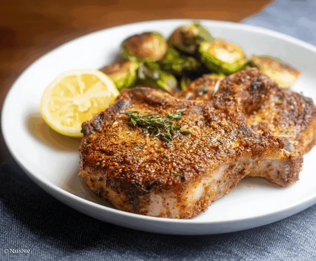 Juicy and crispy Air Fryer Pork Chops served on a plate with fresh herbs, perfect for a quick and flavorful meal.