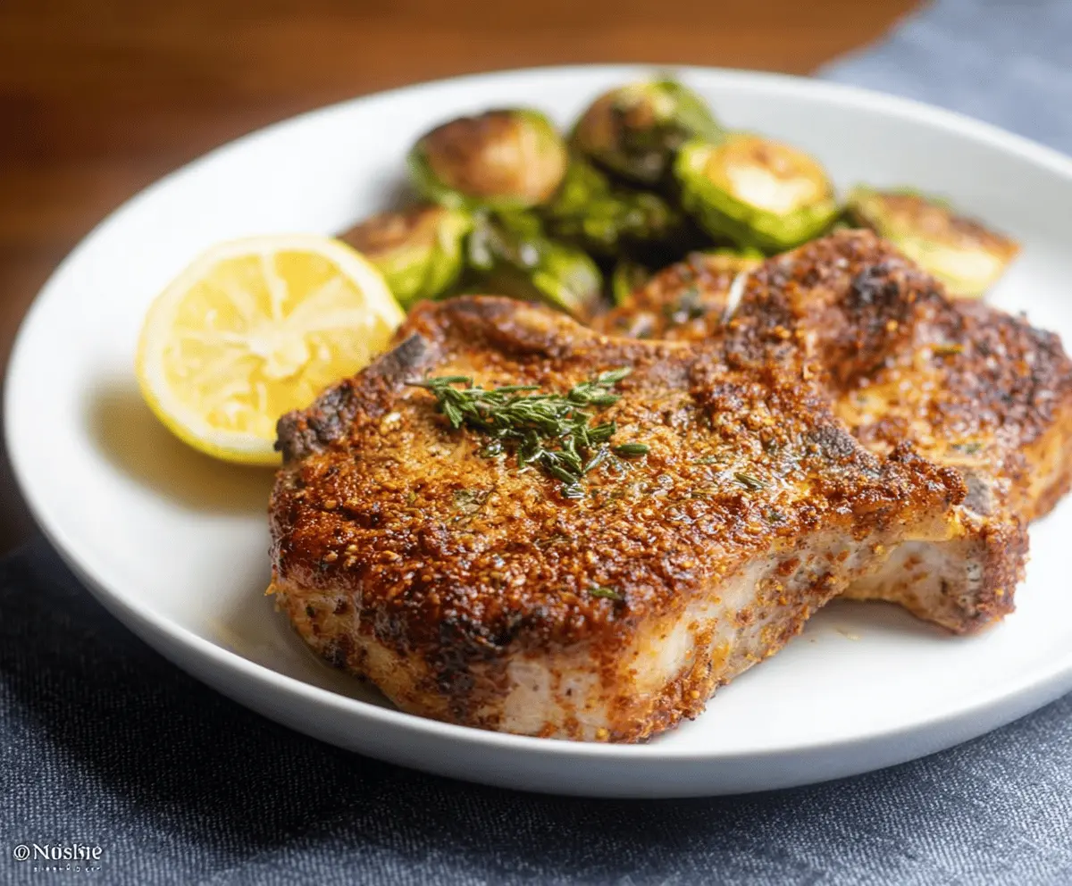 Juicy and crispy Air Fryer Pork Chops served on a plate with fresh herbs, perfect for a quick and flavorful meal.