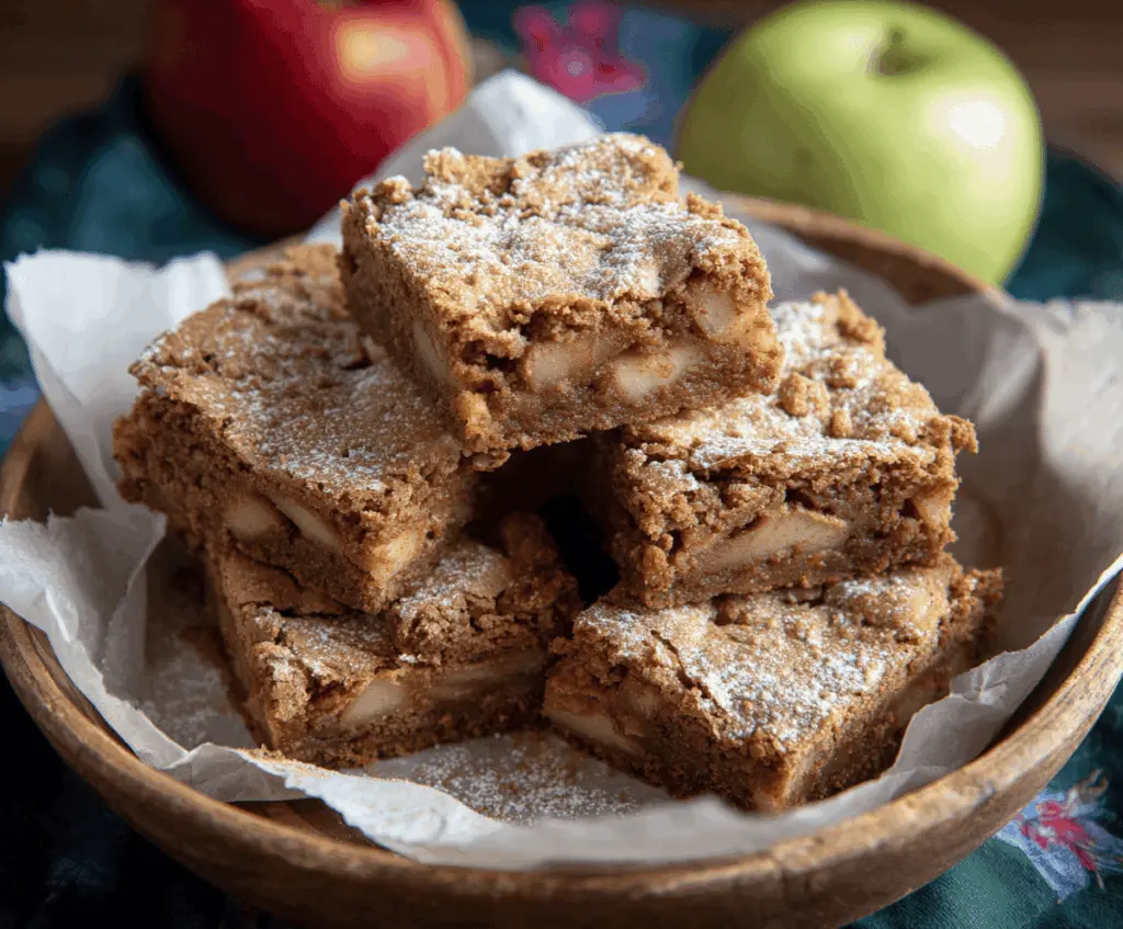 Delicious homemade apple brownies dessert with fresh apple slices and a rich chocolate brownie base on a rustic wooden table.