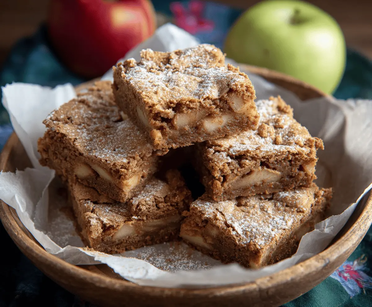 Delicious homemade apple brownies dessert with fresh apple slices and a rich chocolate brownie base on a rustic wooden table.