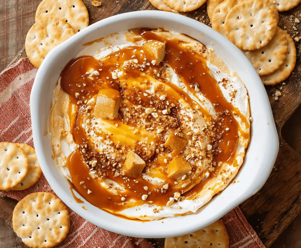 Creamy apple cheesecake dip topped with caramel sauce, perfect for snacking or dessert.