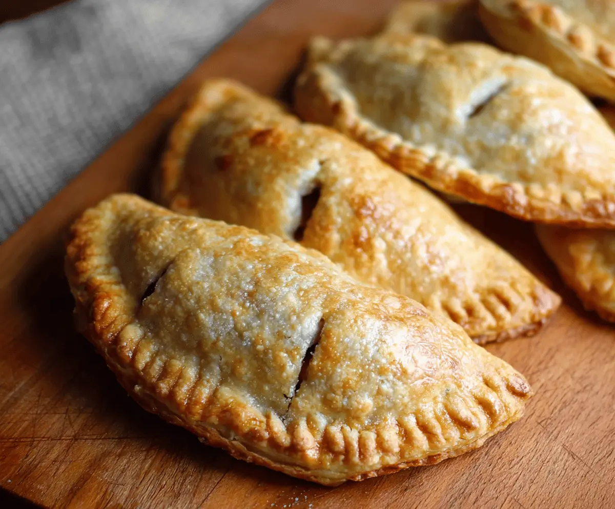Delicious homemade apple hand pies with golden flaky crust and cinnamon-spiced apple filling on a rustic wooden surface