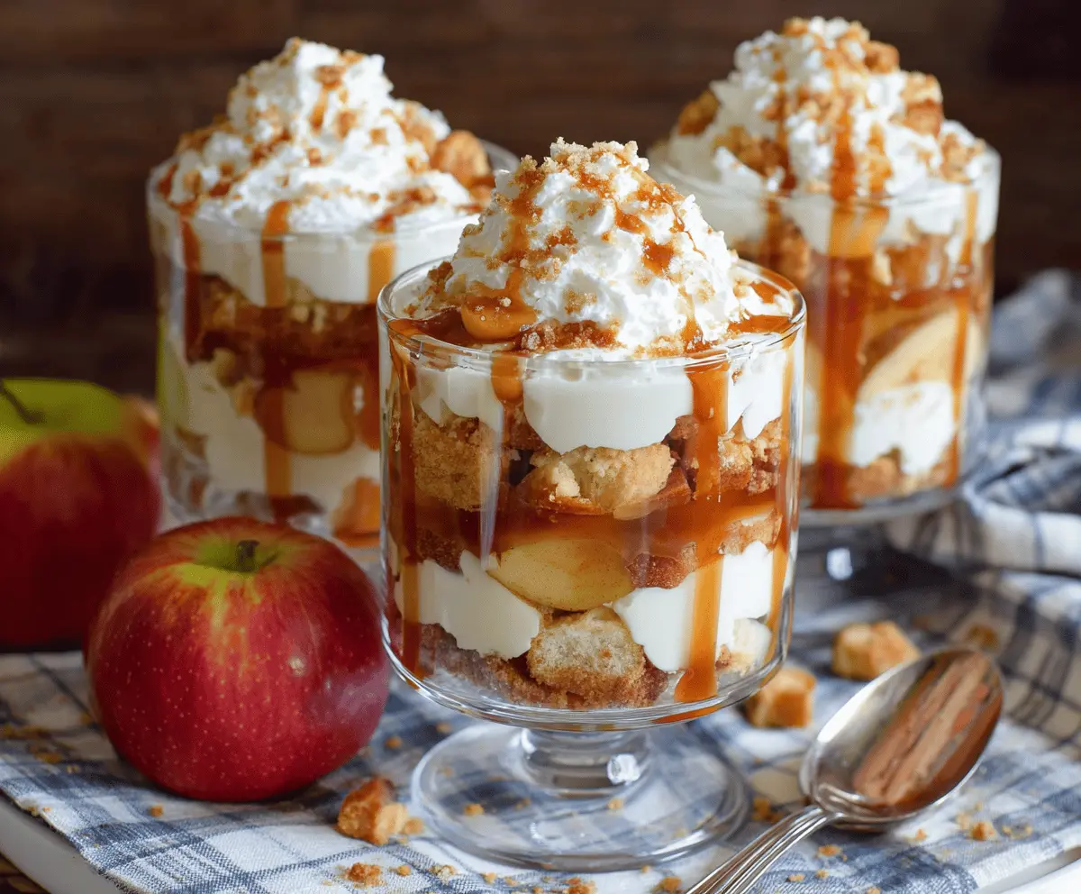 Delicious Apple Pie Trifle layered with spiced apple filling, creamy vanilla pudding, and whipped cream, garnished with cinnamon and apple slices.