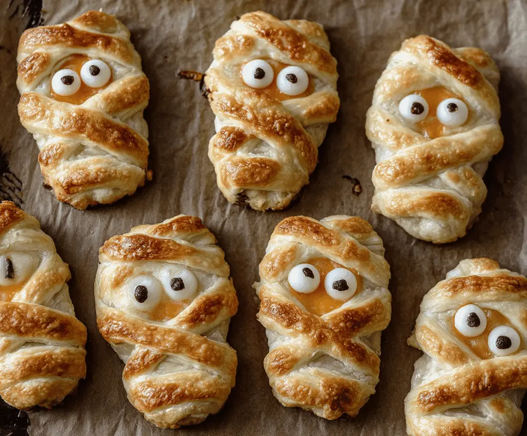 Delicious baked cheese mummies with spooky olive eyes, perfect for Halloween snacks
