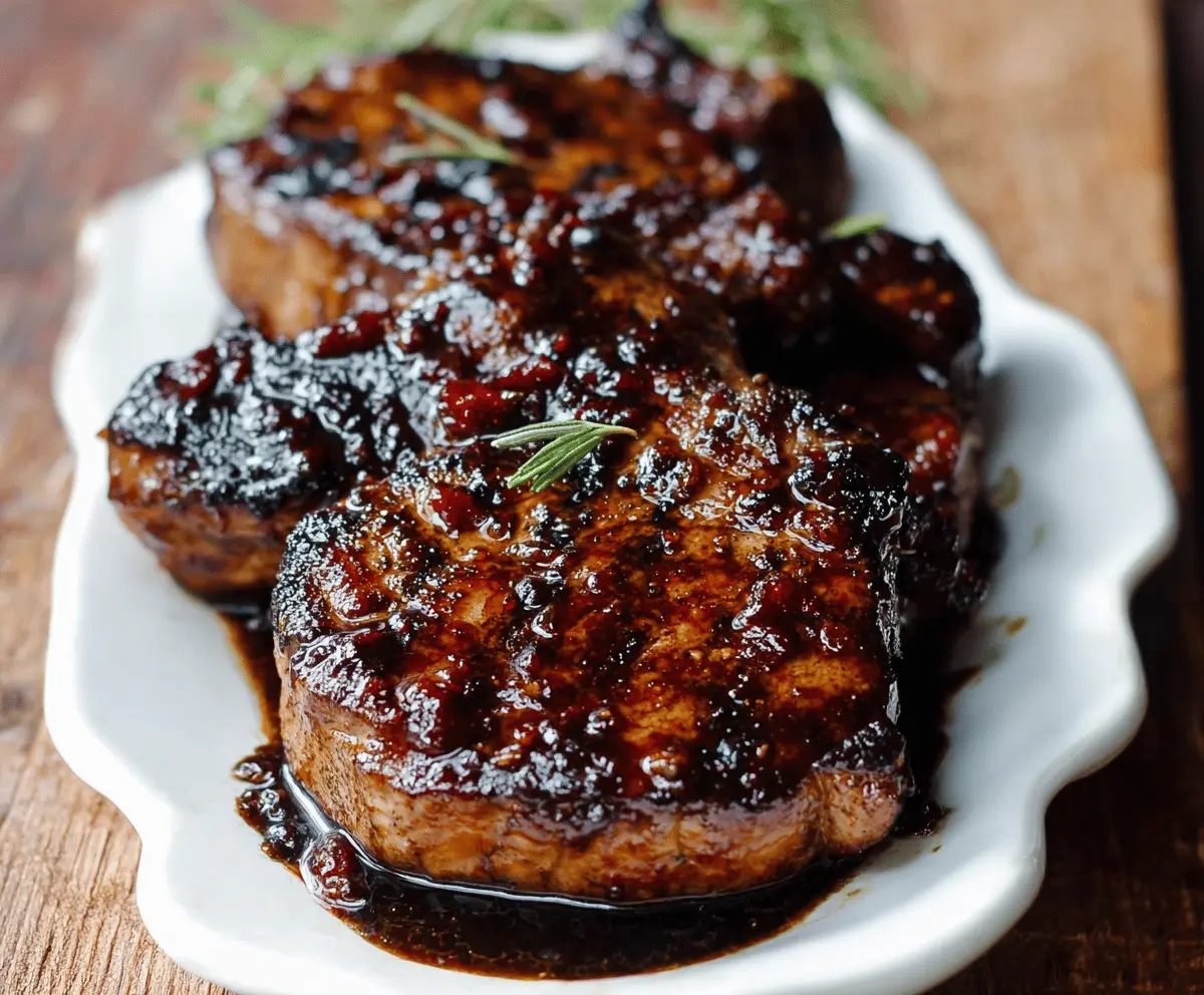 Juicy pork chops glazed with balsamic reduction and garnished with fresh herbs on a rustic plate