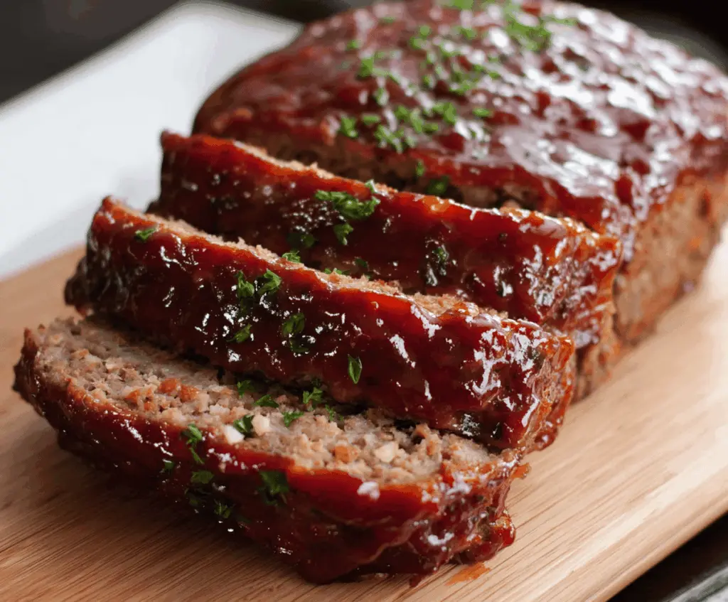 Juicy BBQ glazed meatloaf garnished with fresh herbs on a rustic wooden platter, served with side vegetables