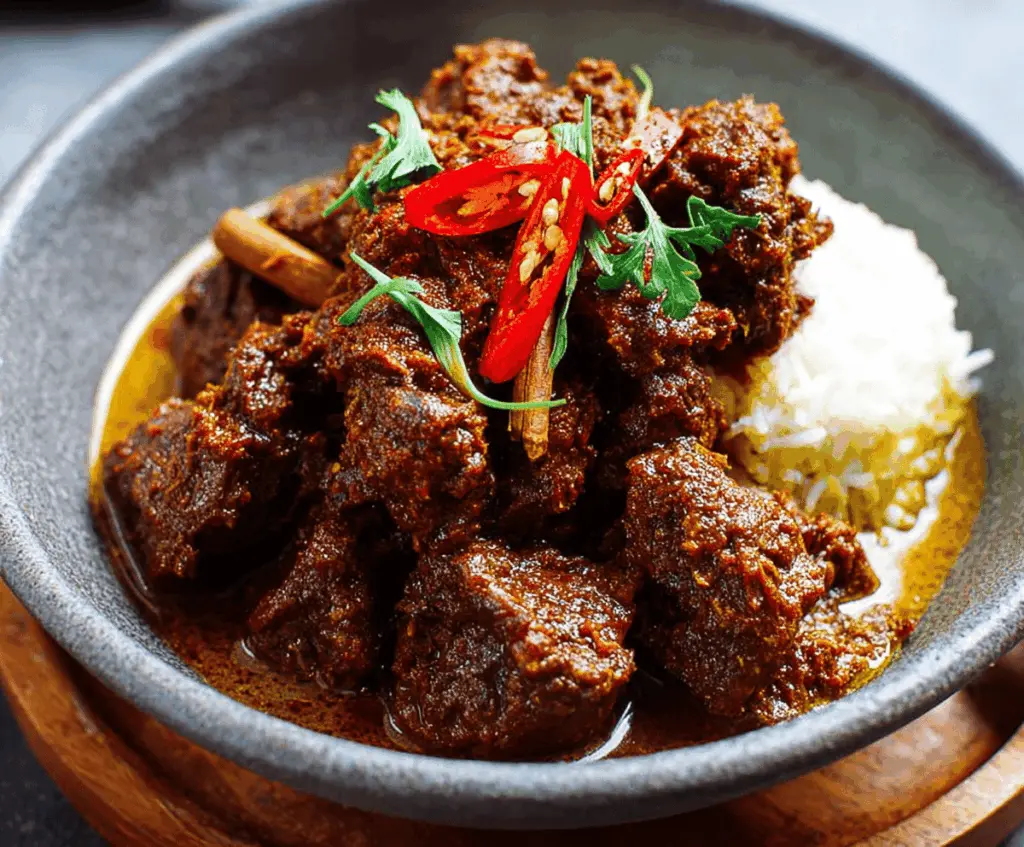 Delicious homemade beef rendang featuring tender beef chunks simmered in rich, aromatic coconut milk and Indonesian spices, garnished with fresh herbs