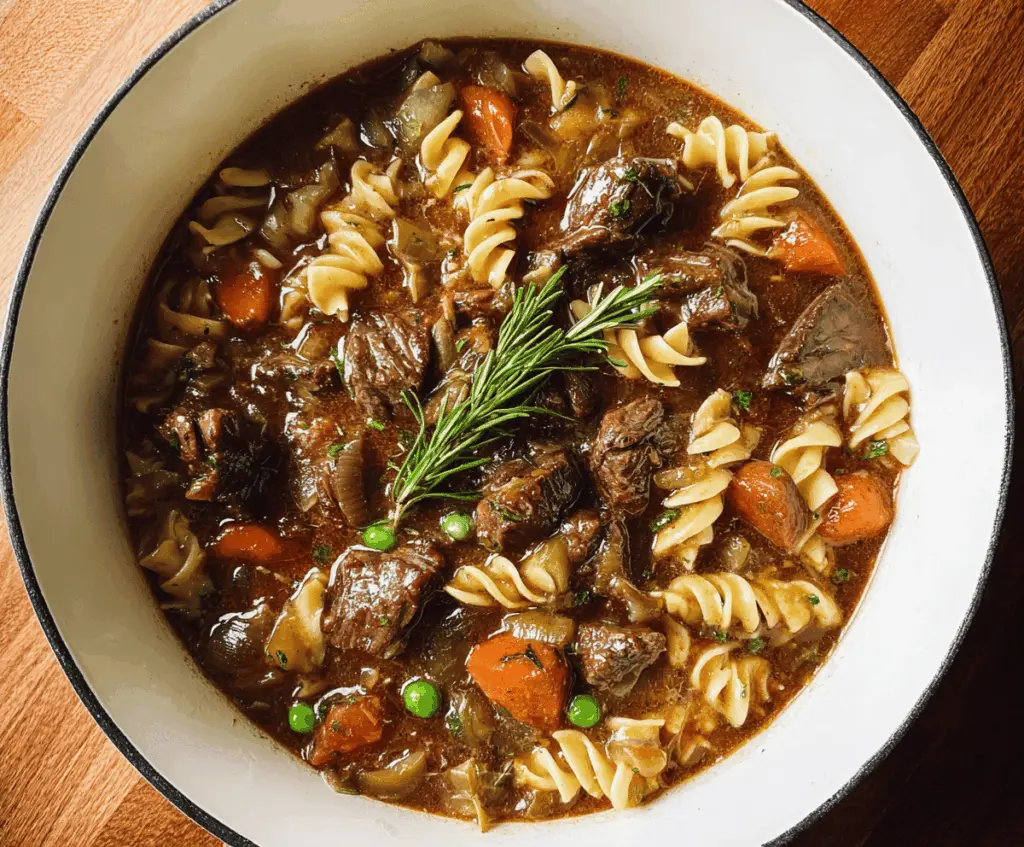 Hearty beef stew with tender beef chunks, vegetables, and noodles served in a bowl, perfect for a comforting meal
