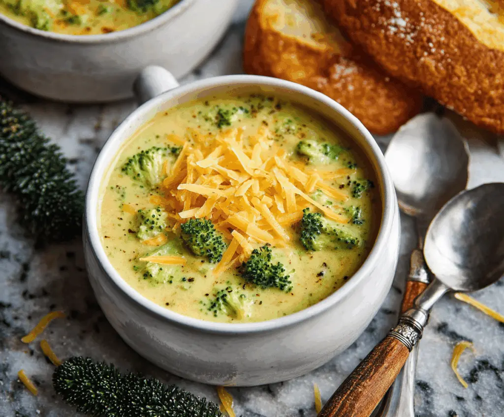 Creamy Broccoli Cheddar Soup in a bowl topped with shredded cheddar cheese and fresh broccoli florets, served with crusty bread on a rustic table.