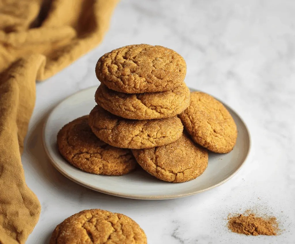 Golden brown Brown Butter Pumpkin Snickerdoodle Cookies topped with cinnamon sugar, featuring a soft and chewy texture with a hint of pumpkin flavor
