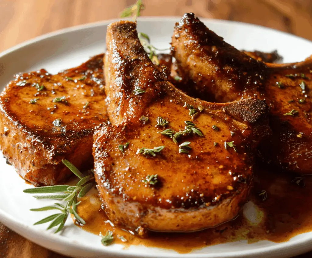 Delicious browned pork chops glazed with brown sugar served on a plate