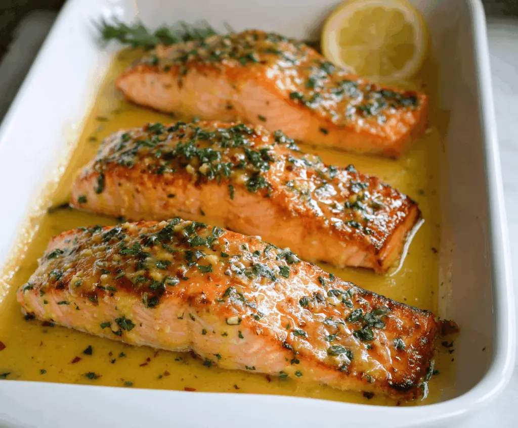 Delicious oven-baked salmon glazed with butter, honey, and mustard, garnished with fresh herbs for a flavorful Buttered Honey Mustard Oven Salmon dish