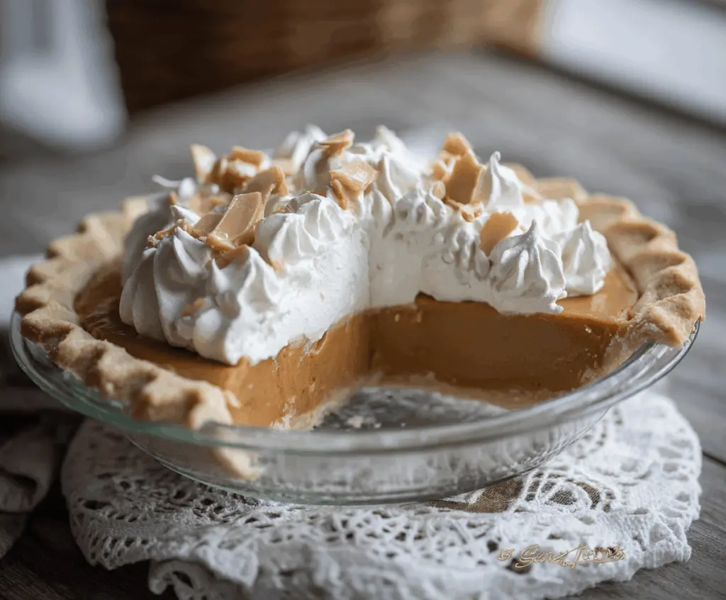 Creamy butterscotch pie topped with whipped cream and caramel drizzle, served on a white plate for a delicious dessert treat.