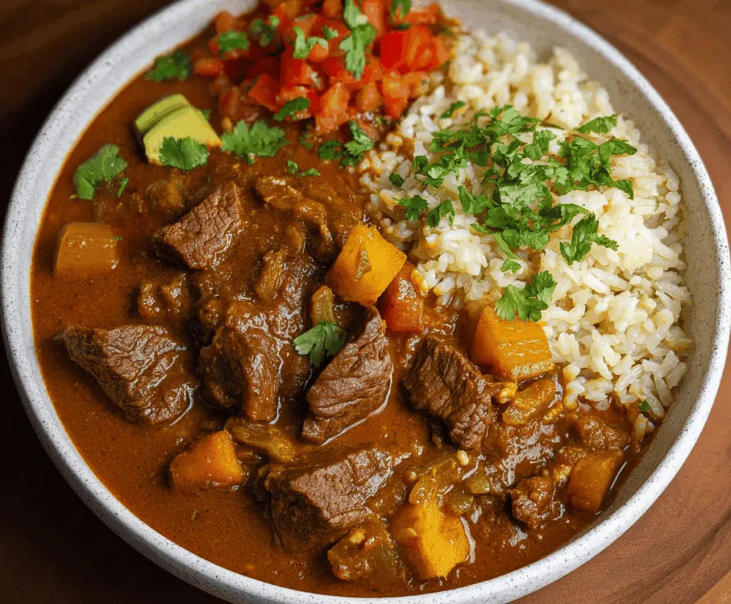 Savory carne guisada served with rice and vegetables in a bowl, showcasing tender beef stew with rich tomato sauce