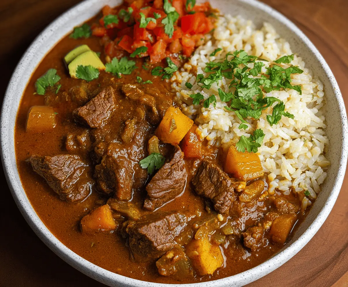 Savory carne guisada served with rice and vegetables in a bowl, showcasing tender beef stew with rich tomato sauce