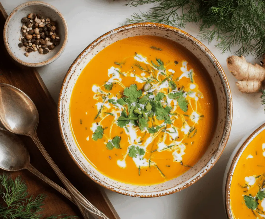 A bowl of creamy carrot ginger soup garnished with fresh herbs, served with bread slices on a rustic wooden table.