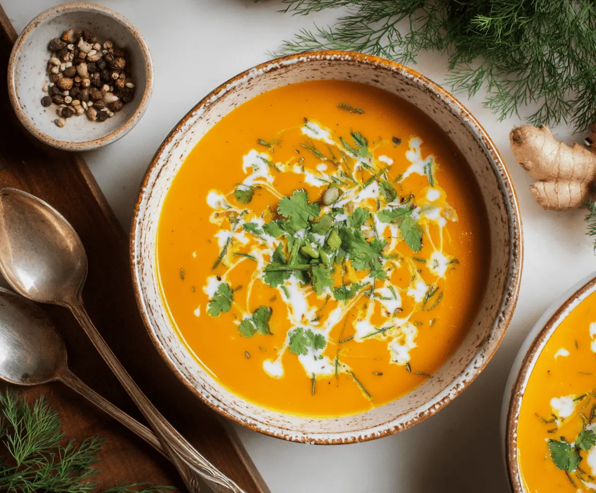 A bowl of creamy carrot ginger soup garnished with fresh herbs, served with bread slices on a rustic wooden table.