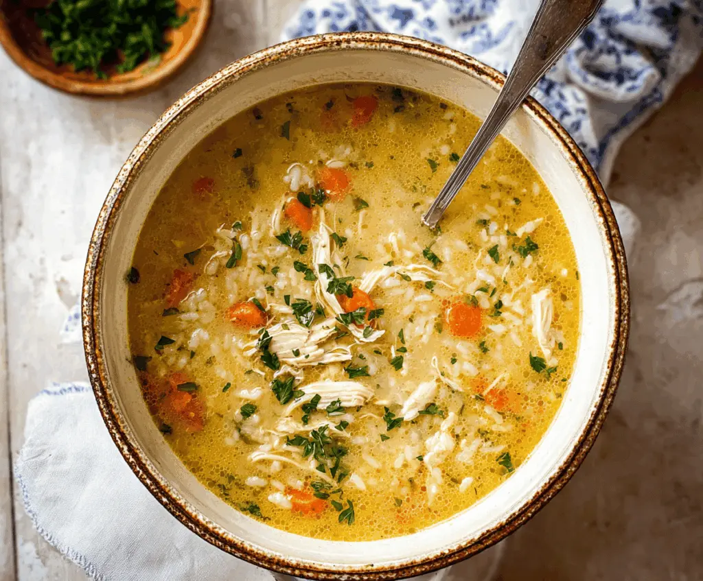 A steaming bowl of chicken and rice soup garnished with fresh herbs, served in a white bowl on a rustic wooden table.