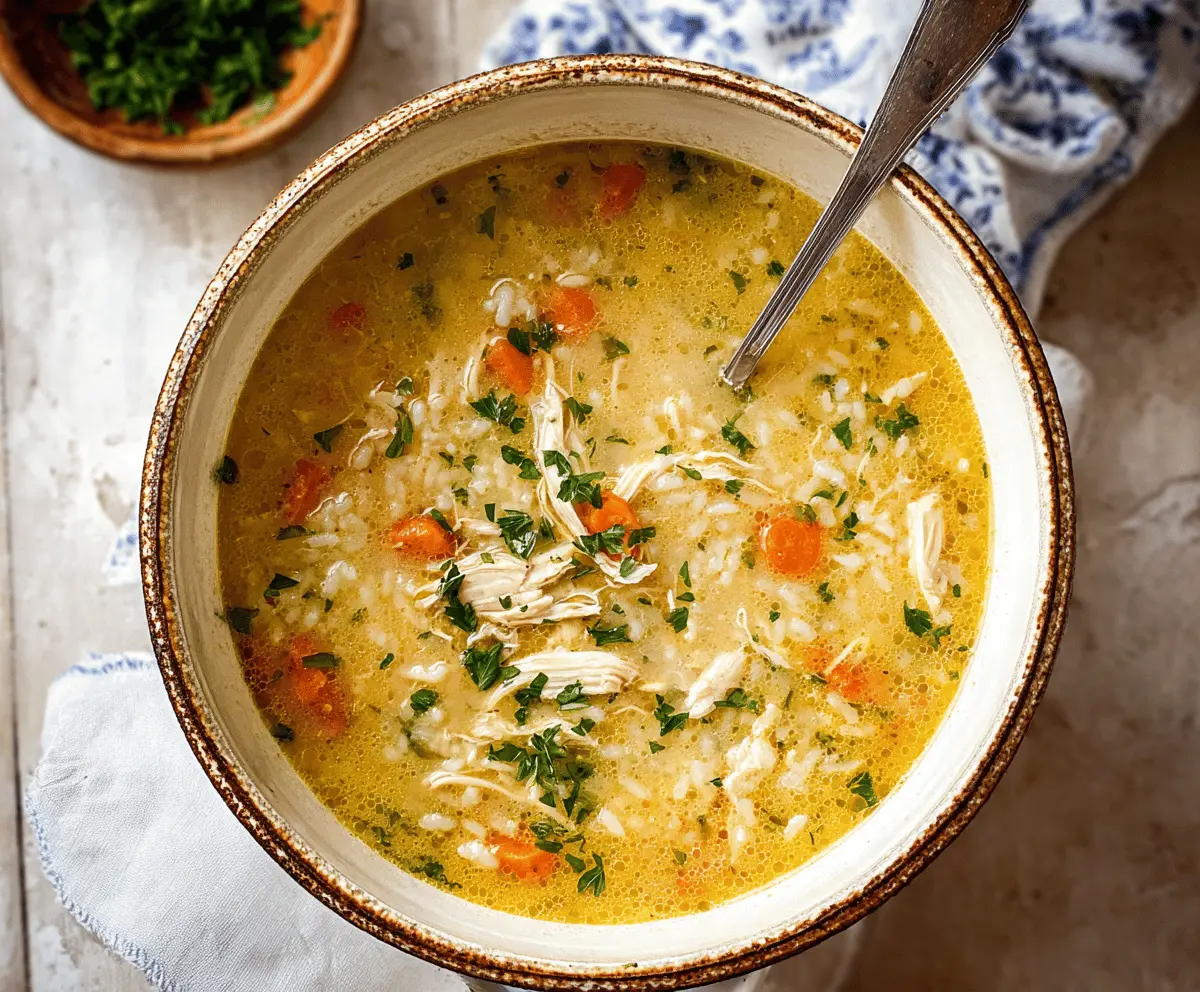 A steaming bowl of chicken and rice soup garnished with fresh herbs, served in a white bowl on a rustic wooden table.