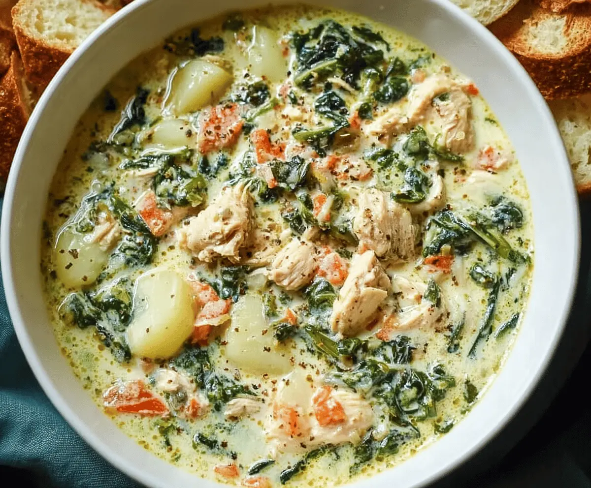 Creamy Chicken Florentine Soup garnished with fresh spinach and herbs in a rustic bowl, perfect for a comforting meal.