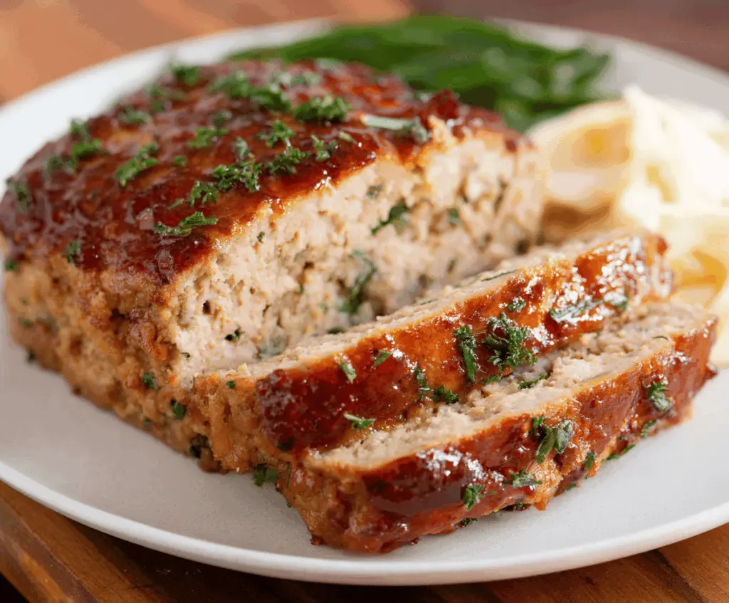 Juicy homemade chicken meatloaf served with fresh herbs on a white plate, perfect for a healthy dinner
