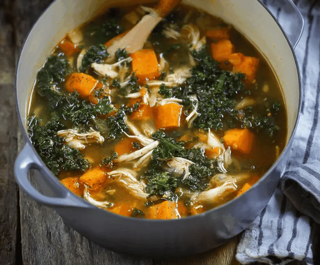 A bowl of Chicken Sweet Potato Kale Soup garnished with fresh herbs, featuring chunks of chicken, sweet potatoes, and vibrant kale leaves in a flavorful broth.