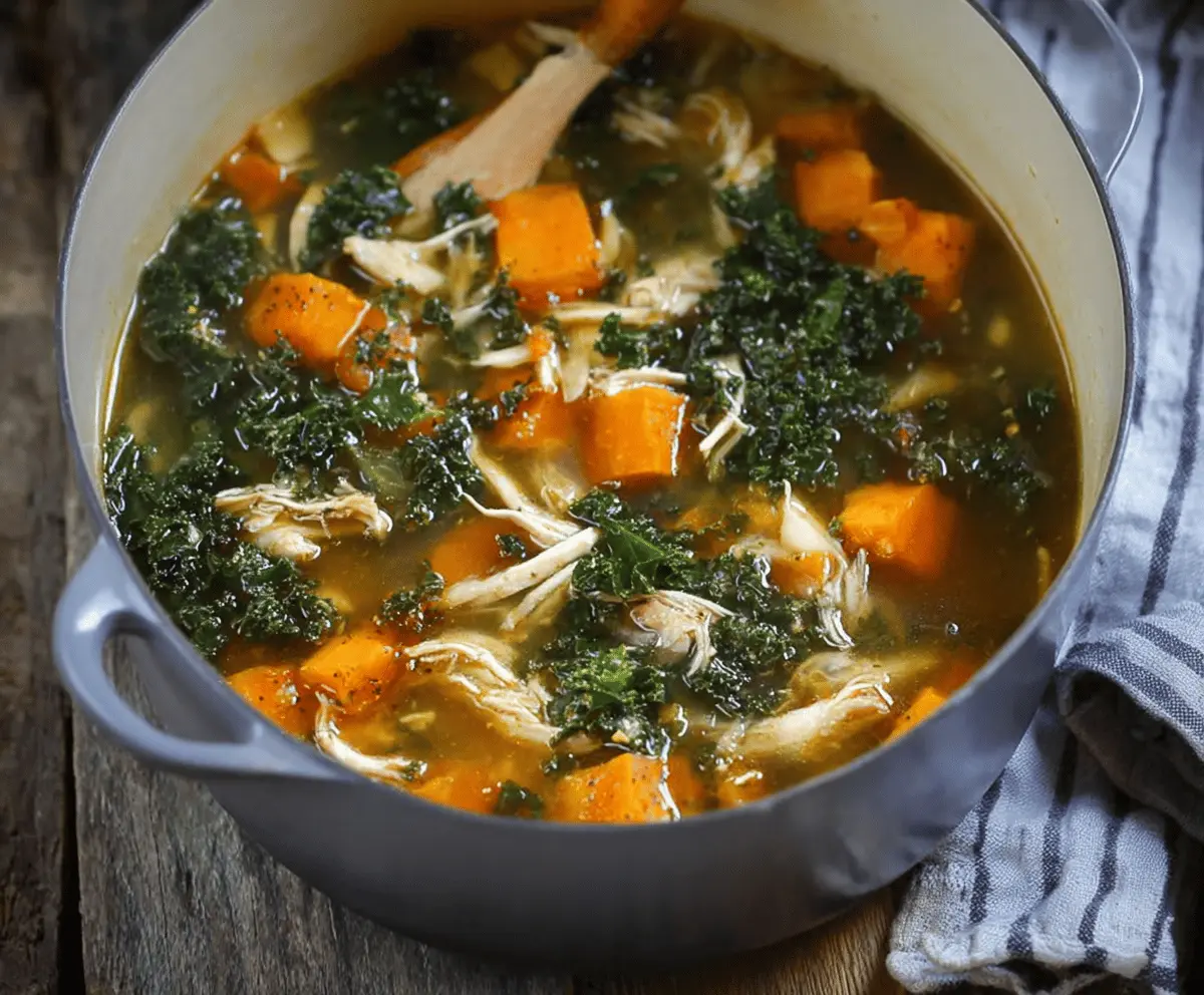 A bowl of Chicken Sweet Potato Kale Soup garnished with fresh herbs, featuring chunks of chicken, sweet potatoes, and vibrant kale leaves in a flavorful broth.