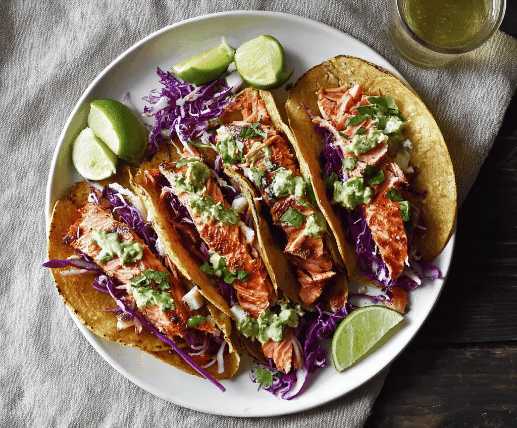 Fresh Chile Lime Salmon Tacos topped with vibrant cilantro and sliced lime on a rustic plate, perfect for a flavorful seafood meal.