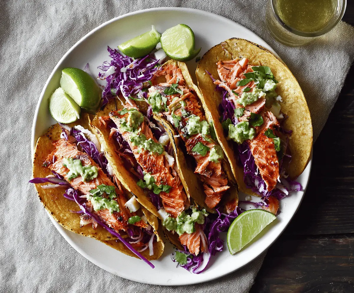 Fresh Chile Lime Salmon Tacos topped with vibrant cilantro and sliced lime on a rustic plate, perfect for a flavorful seafood meal.