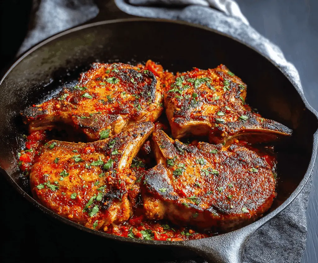 Juicy grilled chipotle pork chops served with roasted vegetables on a white plate, garnished with fresh herbs