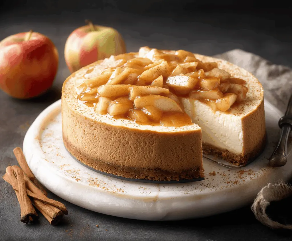 Delicious cinnamon apple cheesecake with a golden crust and creamy filling on a white plate.