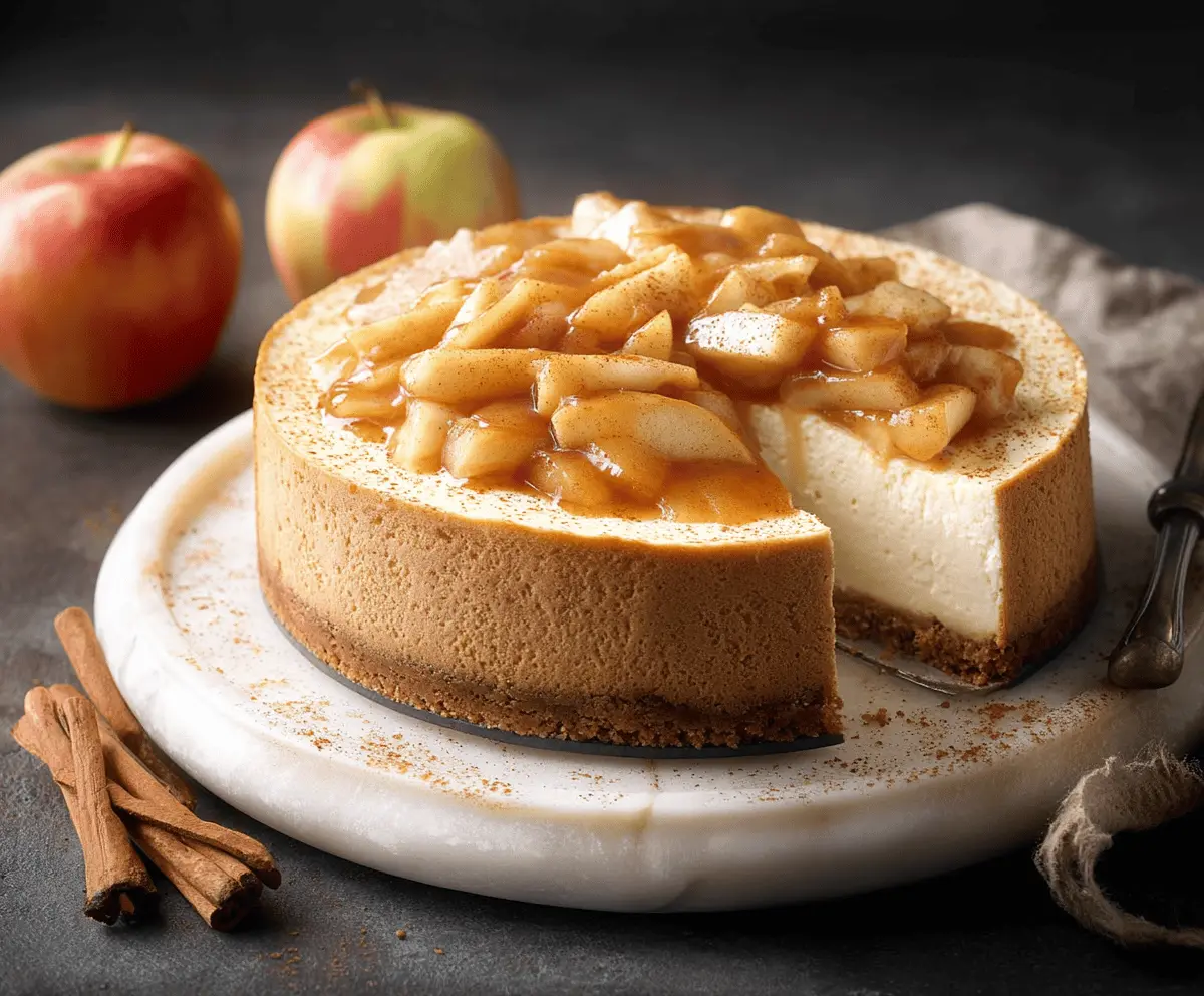 Delicious cinnamon apple cheesecake with a golden crust and creamy filling on a white plate.