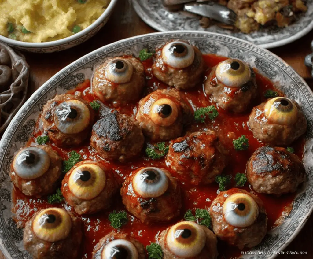 Colorful eyeball-shaped meatballs served on a platter, perfect for a spooky Halloween feast