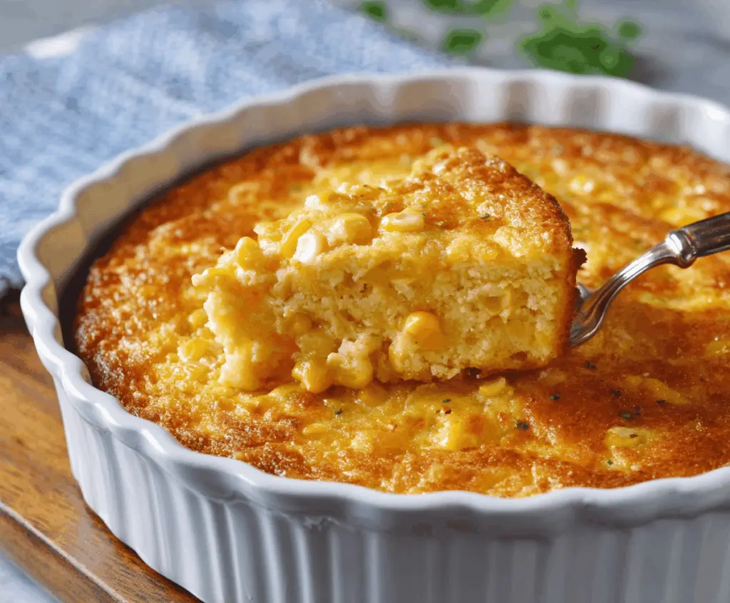 Creamy golden corn pudding served in a baking dish, garnished with fresh herbs, perfect as a comforting side dish.