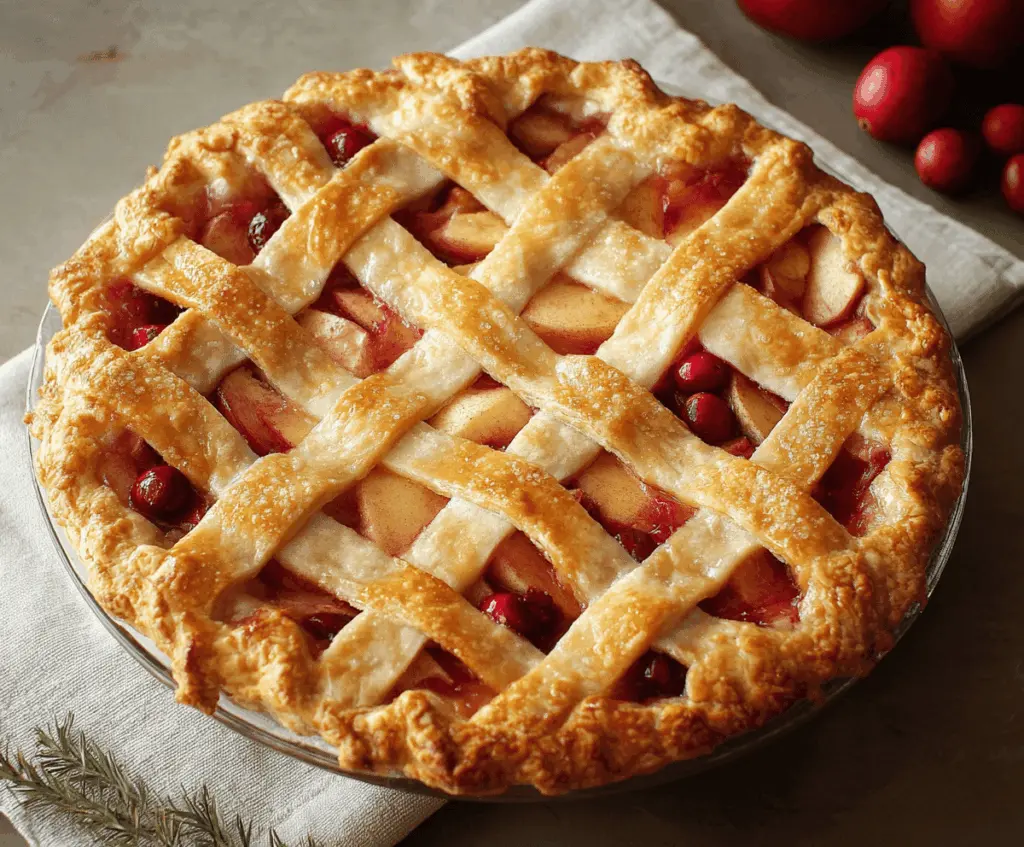 Delicious homemade cranberry apple pie topped with golden crust and fresh cranberries and apple slices, perfect for holiday desserts.