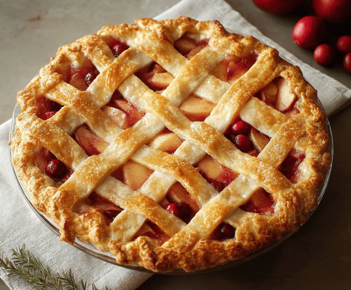 Delicious homemade cranberry apple pie topped with golden crust and fresh cranberries and apple slices, perfect for holiday desserts.