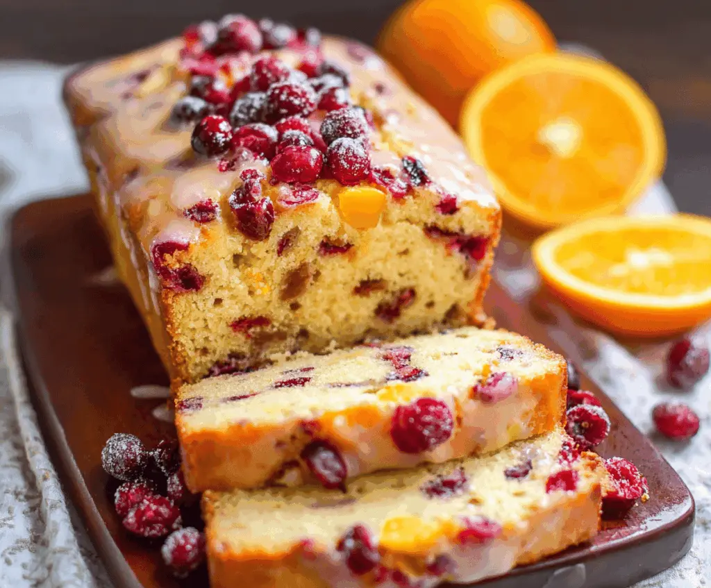 Delicious homemade cranberry orange bread with vibrant cranberries and zesty orange peel.