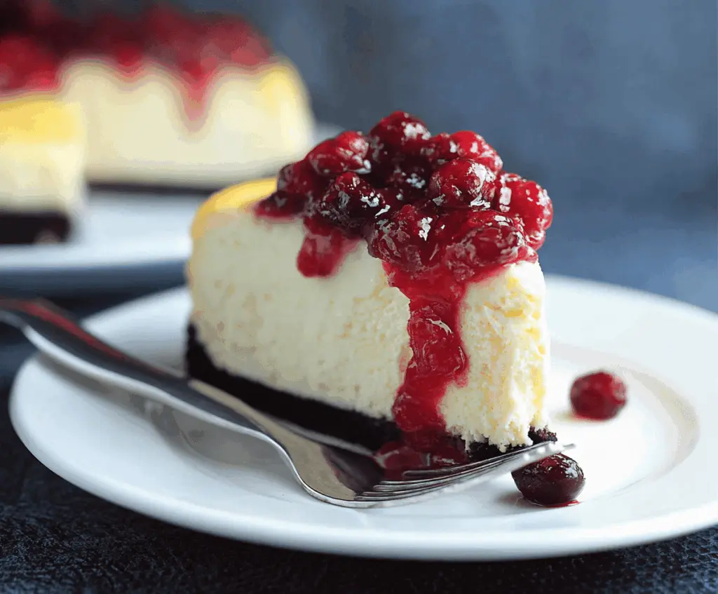 Delicious cranberry orange cheesecake with a creamy texture and vibrant topping