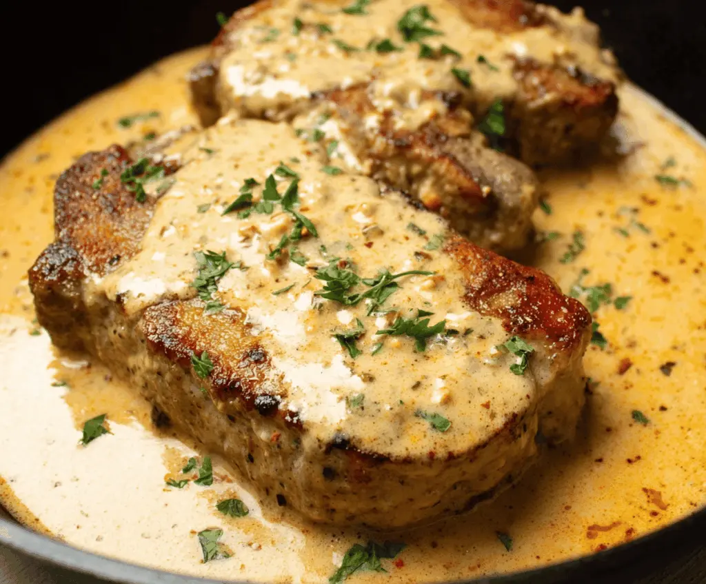 Creamy Cajun Pork Chops served with flavorful sauce and fresh herbs on a plate