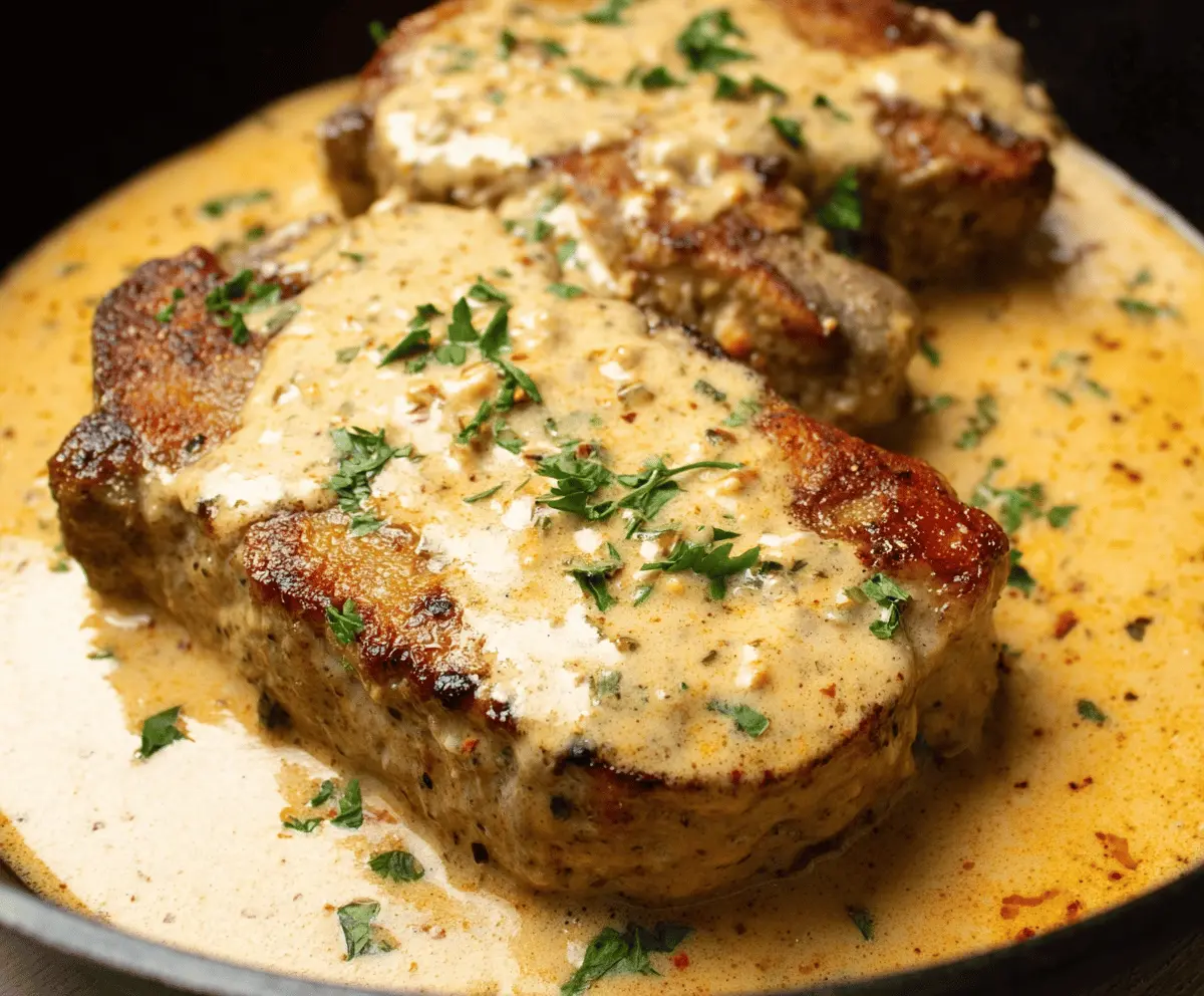 Creamy Cajun Pork Chops served with flavorful sauce and fresh herbs on a plate